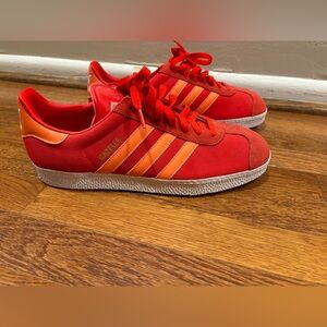 Men’s Adidas Gazelles - Unique Red & Orange Canvas and suede. Never worn!